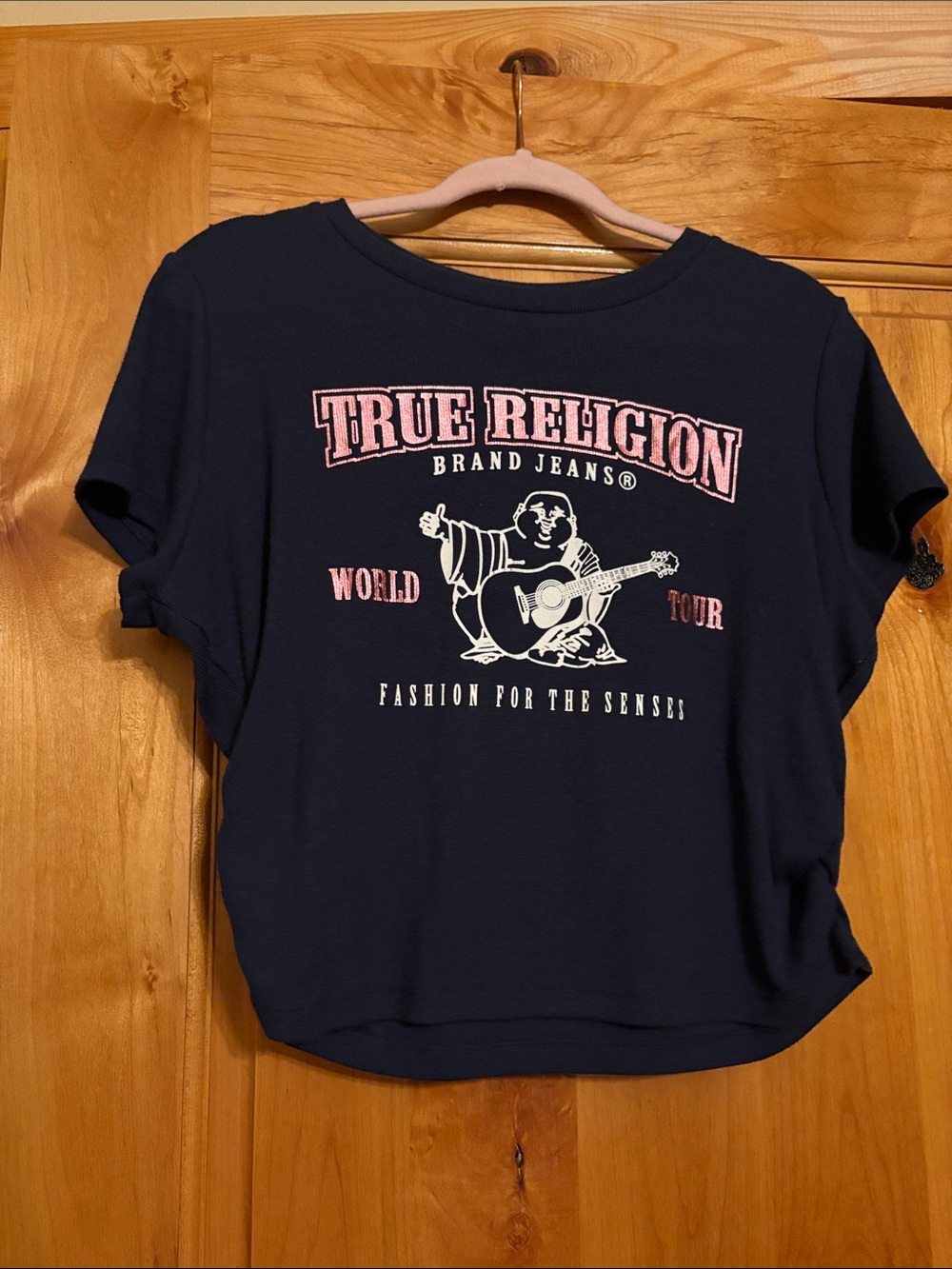 True Religion Navy Short Sleeve Tee with Pink & White Graphic